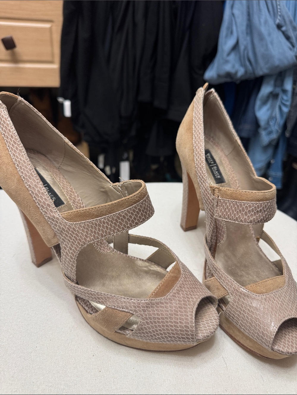 White House Black Market Taupe Textured Peep-Toe Heels